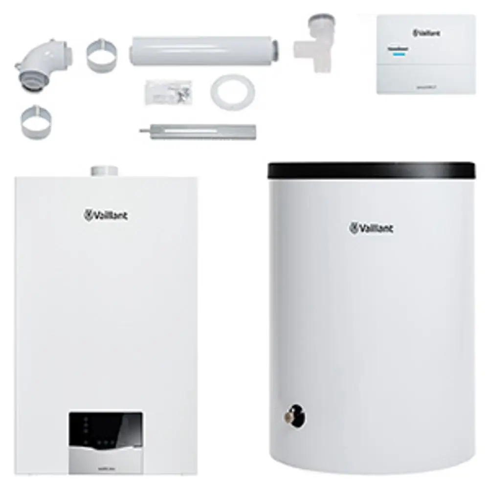 Vaillant-Heizgerät in Weiß, kombiniert mit einem Warmwasserspeicher. Zubehörteile wie Rohre und Verbindungsstücke sind im Bild enthalten.